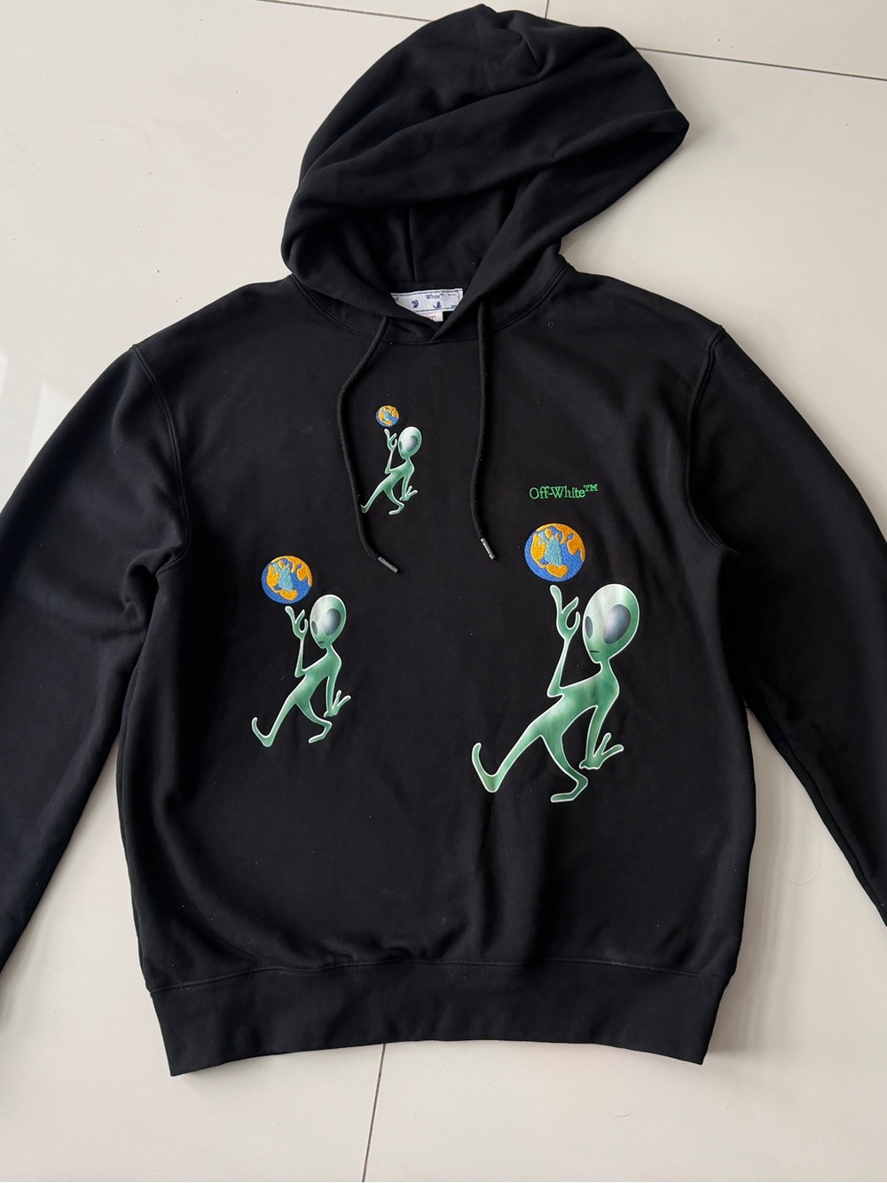 Off-White Black Hoodie with Green Alien Graphic - Men's Crewneck Sweater